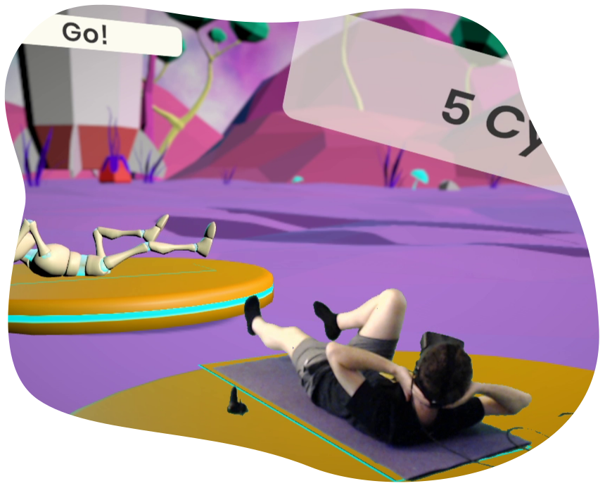 in-game view of person doing a cycle crunch exercise in front of trainer avatar, a rep count indicator is in view.
